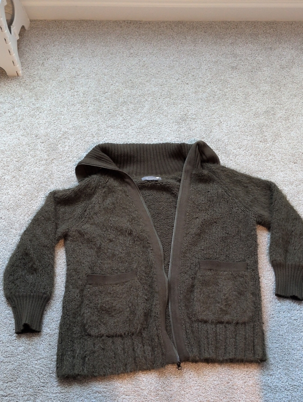 Anthropologie Olive Green Fuzzy Zip Cardigan